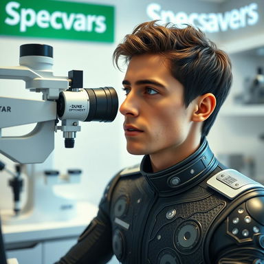 A modern optometry office at Specsavers, featuring Timothée Chalamet as Paul Atreides from Dune, clad in an intricately designed stillsuit