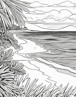 Black and white line drawing of a tranquil beach scene in an adult colouring book style.