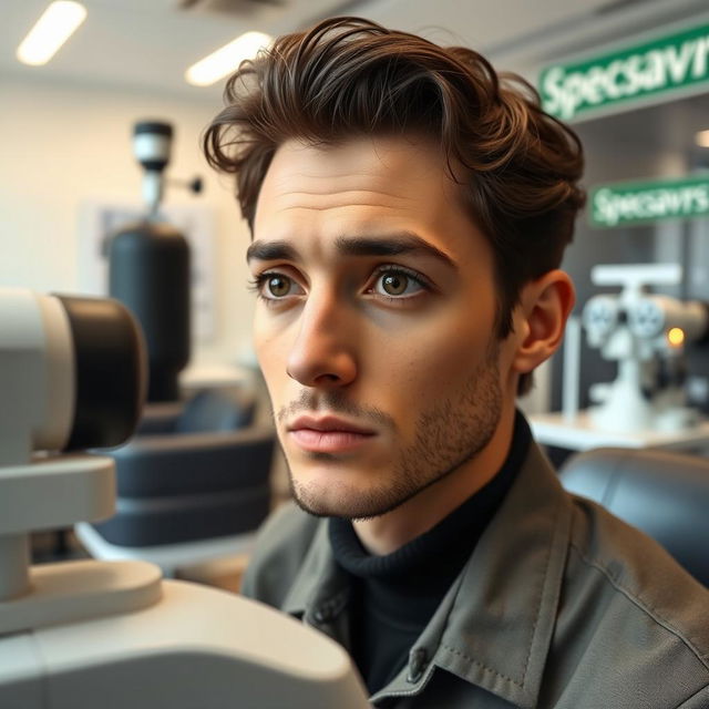 A contemporary optometry office at Specsavers, featuring Timothée Chalamet portraying Paul Atreides from Dune, looking attentive as he undergoes an eye test