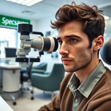 A contemporary optometry office at Specsavers, featuring Timothée Chalamet portraying Paul Atreides from Dune, looking attentive as he undergoes an eye test