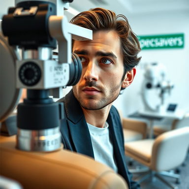 A contemporary optometry office at Specsavers, featuring Timothée Chalamet portraying Paul Atreides from Dune, looking attentive as he undergoes an eye test