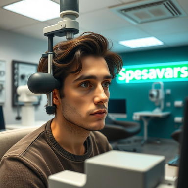 A contemporary optometry office at Specsavers, featuring Timothée Chalamet portraying Paul Atreides from Dune, looking attentive as he undergoes an eye test