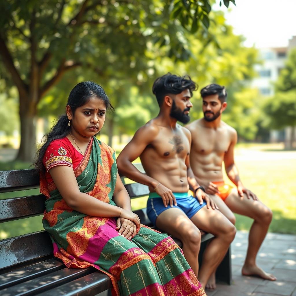 A scene featuring a sad Indian girl wearing a colorful blouse and a skirt, sitting on a bench with a somber expression