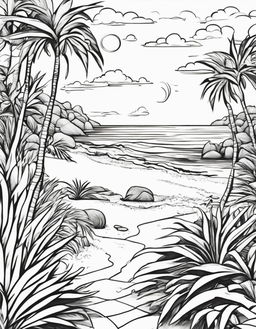 Black and white line drawing of a tranquil beach scene in an adult colouring book style.