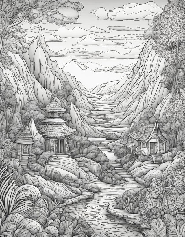 Black and white line drawing of a fantastical landscape in an adult colouring book style.