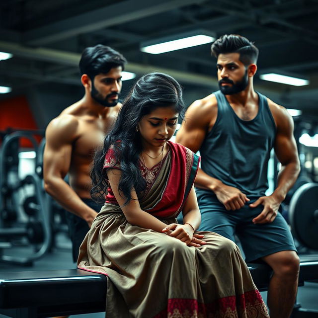 A sad Indian girl wearing a traditional blouse and a flowy skirt, sitting on a bench in a gym