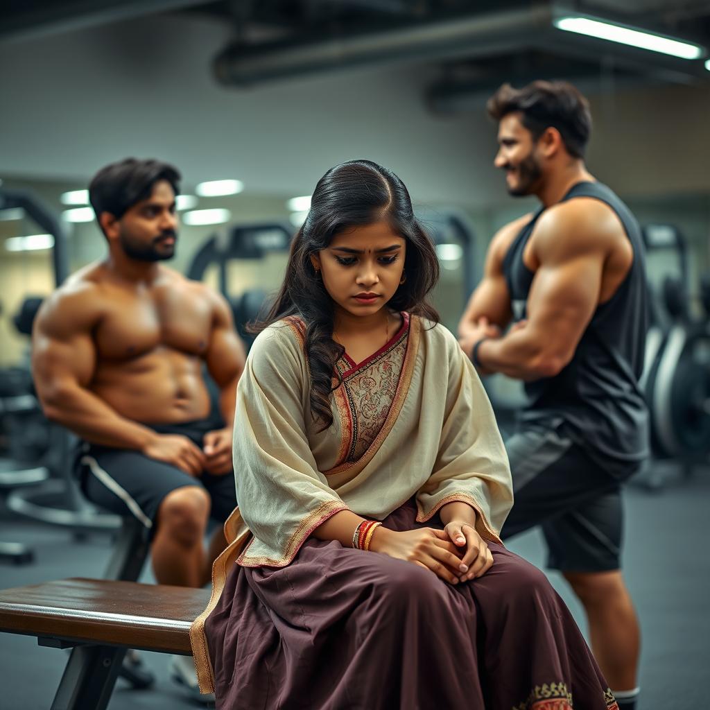 A sad Indian girl wearing a traditional blouse and a flowy skirt, sitting on a bench in a gym