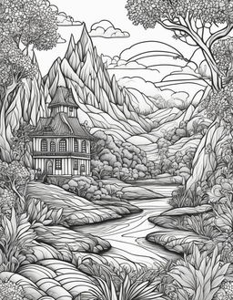 Black and white line drawing of a fantastical landscape in an adult colouring book style.