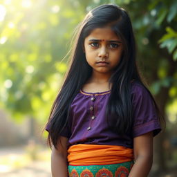 A sad Indian girl wearing a traditional blouse and a vibrant skirt, with a melancholic expression on her face