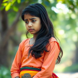 A sad Indian girl wearing a traditional blouse and a vibrant skirt, with a melancholic expression on her face