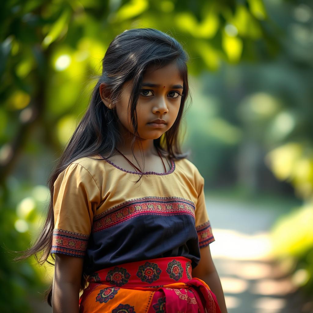 A sad Indian girl wearing a traditional blouse and a vibrant skirt, with a melancholic expression on her face