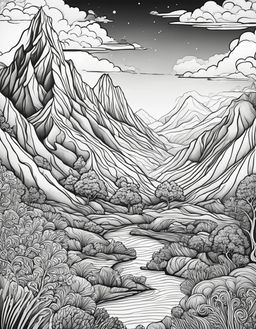 Black and white line drawing of a fantastical landscape in an adult colouring book style.