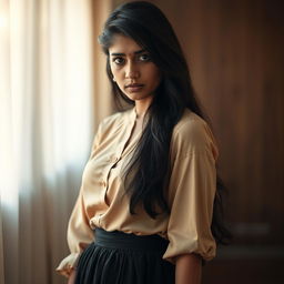 A young Indian woman, age 20, looking melancholic yet attractive