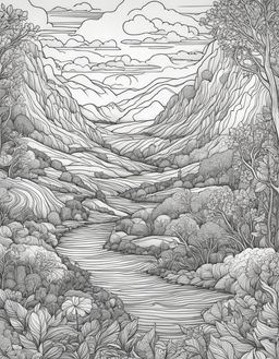 Black and white line drawing of a fantastical landscape in an adult colouring book style.