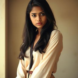 A young Indian woman, age 20, looking melancholic yet attractive
