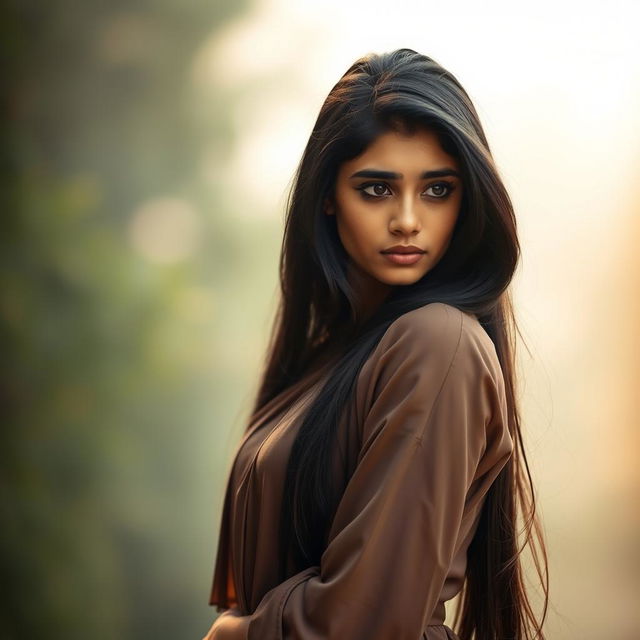 A young Indian woman, age 20, looking melancholic yet attractive