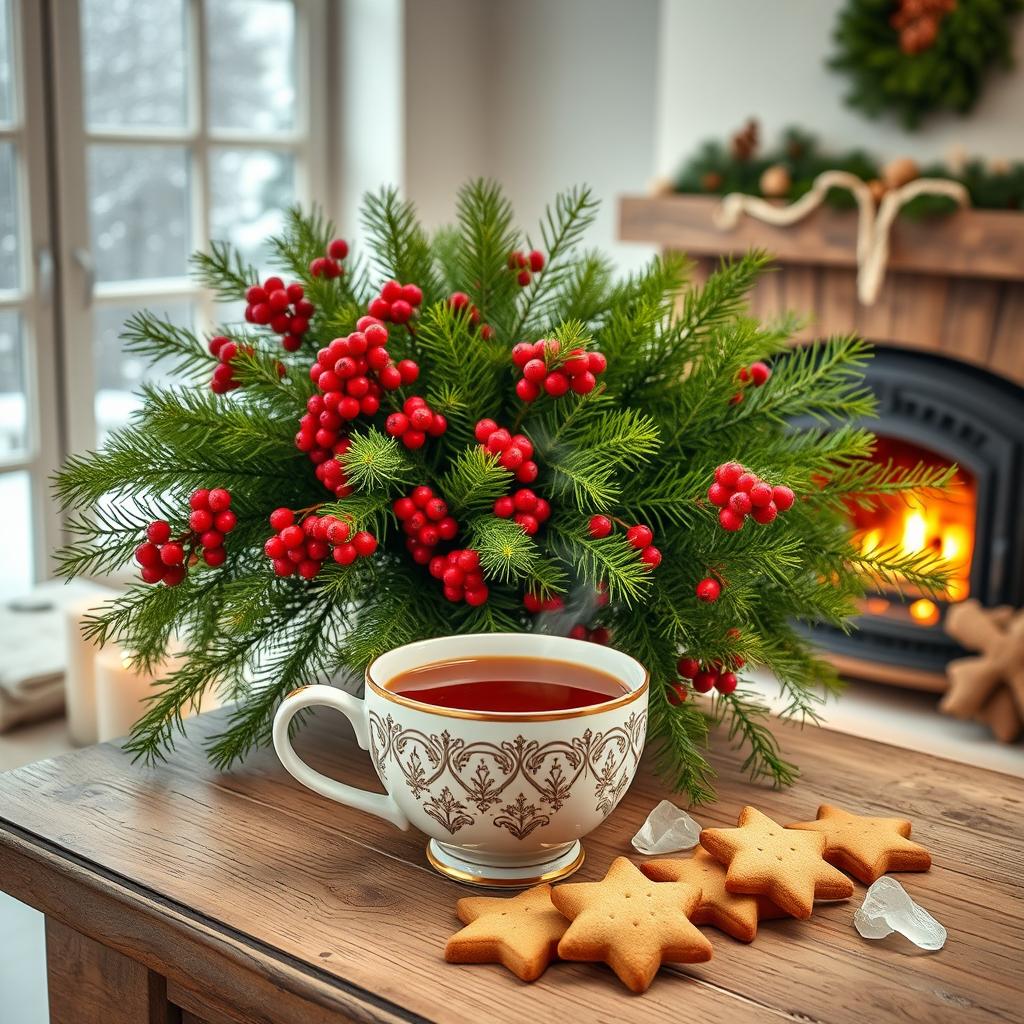 A cozy winter room with a light background, featuring a beautiful large bouquet of green spruce branches with bright red berries elegantly arranged on a rustic wooden table