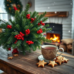 A cozy winter room with a light background, featuring a beautiful large bouquet of green spruce branches with bright red berries elegantly arranged on a rustic wooden table