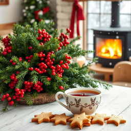 A cozy winter room with a light background, featuring a beautiful large bouquet of green spruce branches with bright red berries elegantly arranged on a rustic wooden table