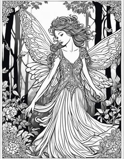 Black and white line art of a fairy in mid-flight with intricate wings, a nature-inspired dress, and an expressive face, set in a detailed forest scene, framed by an ornate border