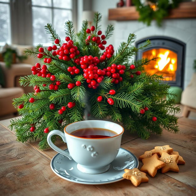 A cozy winter room with a light background, featuring a beautiful large bouquet of green spruce branches with bright red berries elegantly arranged on a rustic wooden table