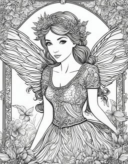 Black and white line art of a fairy in mid-flight with intricate wings, a nature-inspired dress, and an expressive face, set in a detailed forest scene, framed by an ornate border