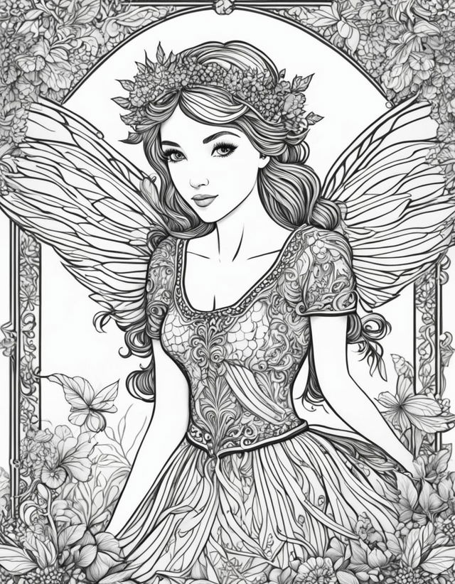 Black and white line art of a fairy in mid-flight with intricate wings, a nature-inspired dress, and an expressive face, set in a detailed forest scene, framed by an ornate border