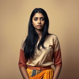 A full-body portrait of a sad young Indian woman, around 20 years old, dressed in a stylish blouse and a flowing skirt