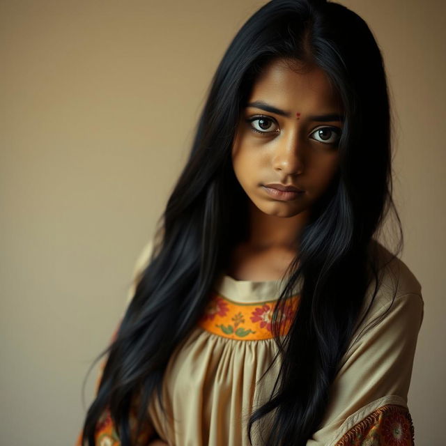 A full-body portrait of a sad young Indian woman, around 20 years old, dressed in a stylish blouse and a flowing skirt