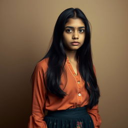 A full-body portrait of a sad young Indian woman, around 20 years old, dressed in a stylish blouse and a flowing skirt