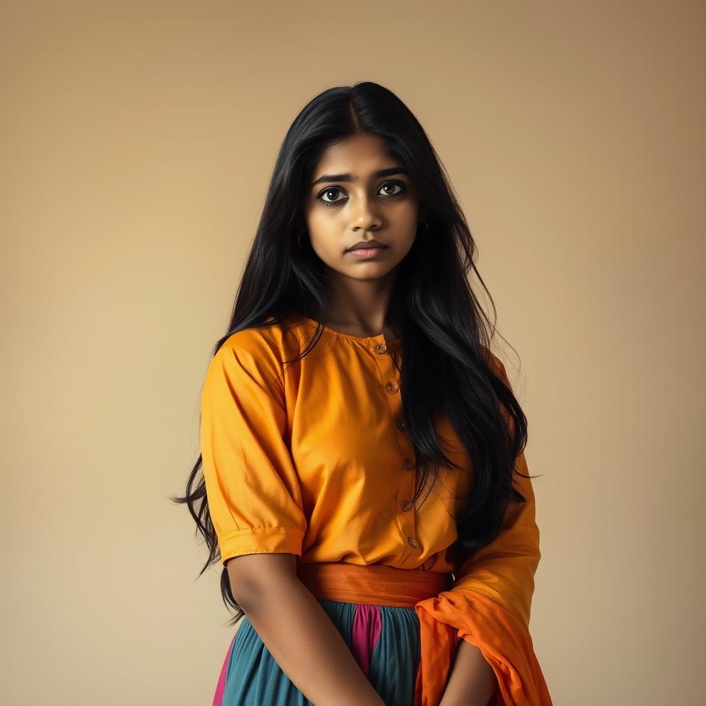 A full-body portrait of a sad young Indian woman, around 20 years old, dressed in a stylish blouse and a flowing skirt