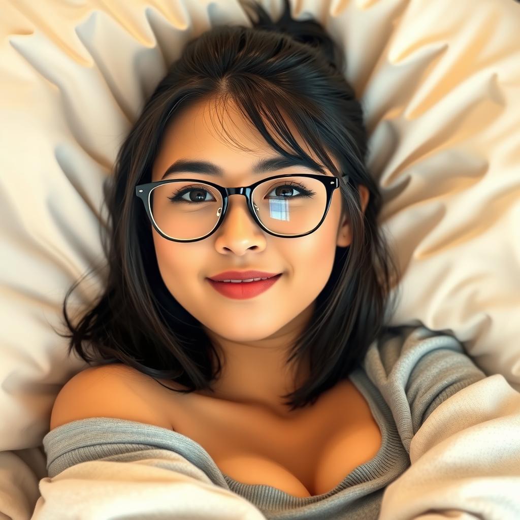 A sensual college girl lying in bed with a relaxed expression, wearing stylish glasses and showcasing medium-length black hair styled in a small ponytail