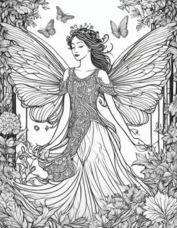 Black and white line art of a fairy in mid-flight with intricate wings, a nature-inspired dress, and an expressive face, set in a detailed forest scene, framed by an ornate border