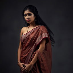 A somber and dramatic scene featuring a hot Indian girl, aged 20, wearing a beautiful saree