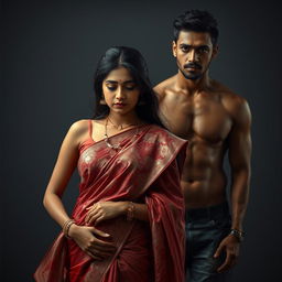A somber and dramatic scene featuring a hot Indian girl, aged 20, wearing a beautiful saree