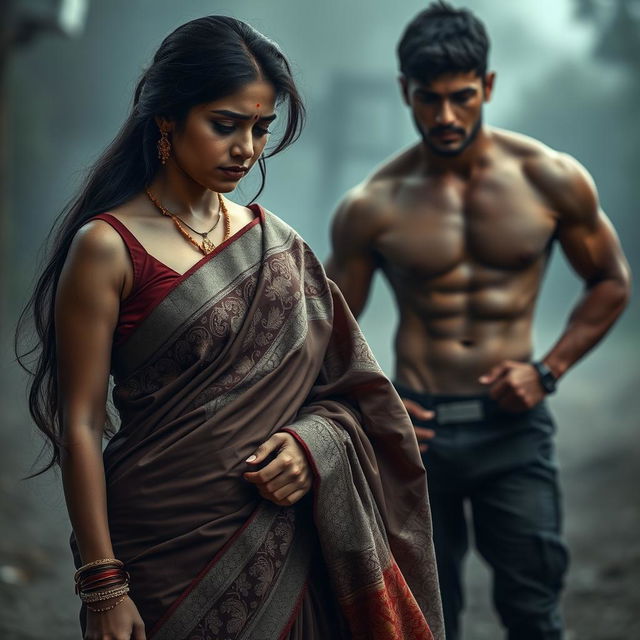 A somber and dramatic scene featuring a hot Indian girl, aged 20, wearing a beautiful saree