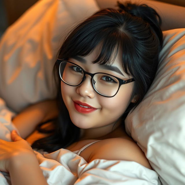 A sensual college girl with medium-length black hair styled in a small ponytail, wearing stylish glasses