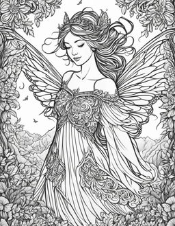 Black and white line art of a fairy in mid-flight with intricate wings, a nature-inspired dress, and an expressive face, set in a detailed forest scene, framed by an ornate border