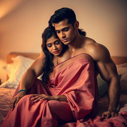 A beautiful Indian woman, aged 20, with a sad expression, sitting on a cozy bed