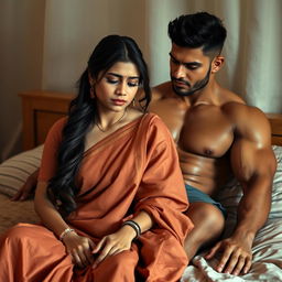 A beautiful Indian woman, aged 20, with a sad expression, sitting on a cozy bed