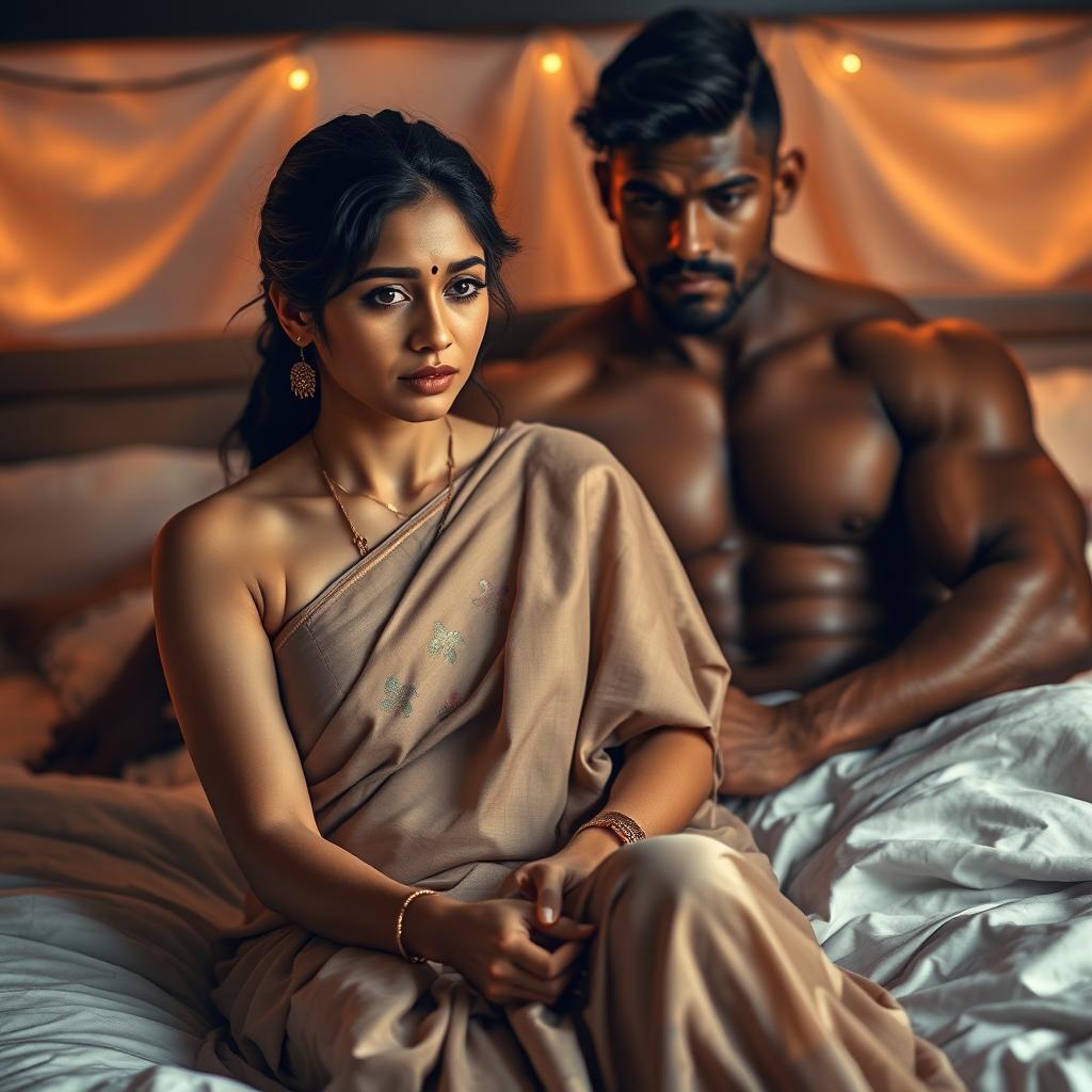 A beautiful Indian woman, aged 20, with a sad expression, sitting on a cozy bed