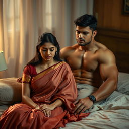 A beautiful Indian woman, aged 20, with a sad expression, sitting on a cozy bed
