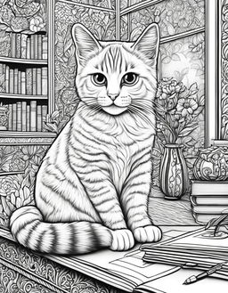 Adult colouring book page featuring a cute cat in a detailed study scene, black and white line work.