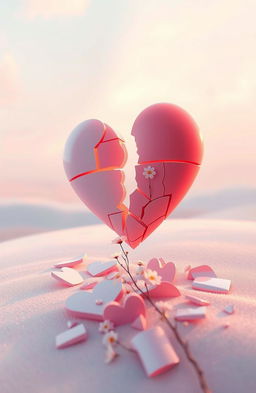 A visually striking representation of a broken heart, artistically depicted as a heart shattered in pieces