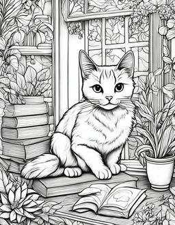 Adult colouring book page featuring a cute cat in a detailed study scene, black and white line work.