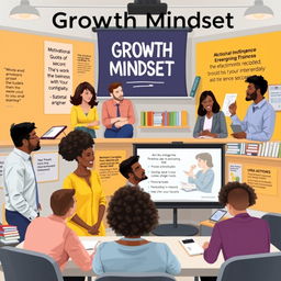 A professional setting illustrating the concept of Growth Mindset, showcasing diverse individuals engaged in brainstorming sessions, collaborative discussions, and personal development activities