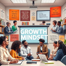 A professional setting illustrating the concept of Growth Mindset, showcasing diverse individuals engaged in brainstorming sessions, collaborative discussions, and personal development activities