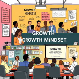 A professional setting illustrating the concept of Growth Mindset, showcasing diverse individuals engaged in brainstorming sessions, collaborative discussions, and personal development activities