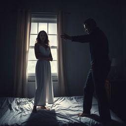 A suspenseful scene set in a dimly lit bedroom during the night