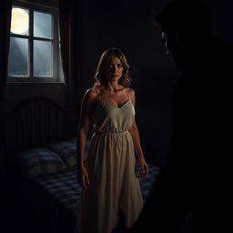 A suspenseful scene set in a dimly lit bedroom during the night